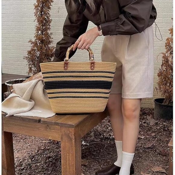 Neiman Marcus Khaki & Black Resin Bamboo Handle Cotton Thread Tote Bag - Picture 3 of 4